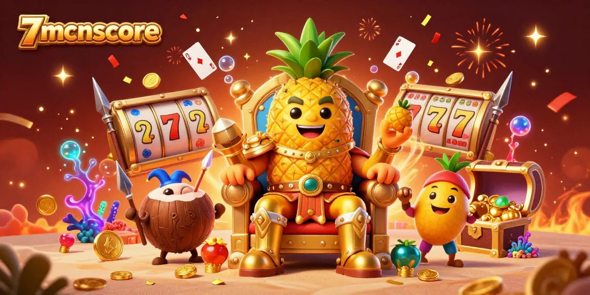 Spin and win big with 7mcnscore in this vibrant casino scene featuring slot reels and a golden pineapple king.