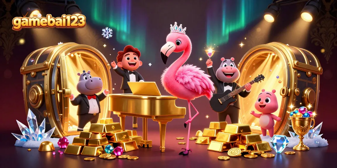 Experience the vibrant 3D illustration of gamebai123, showcasing lively casino characters amid treasures, embodying excitement and precision.