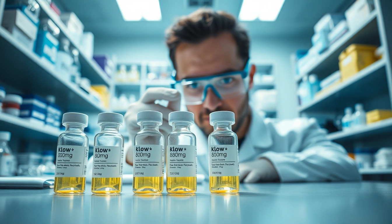 Klow 80mg vials prominently displayed in a professional lab setting, showcasing research peptide analysis.