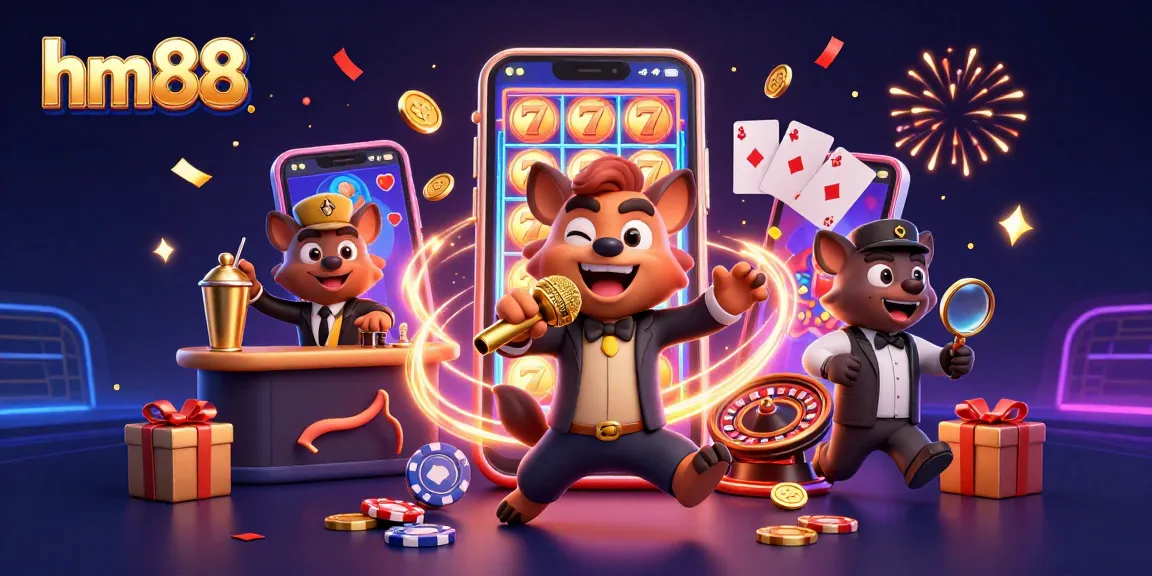 Experience the excitement of hm88 with lively hyena characters in a vibrant casino scene