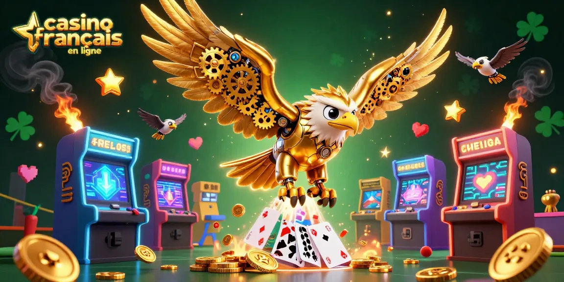 Découvrez le casino français en ligne avec un aigle cybernétique plongeant et des cartes holographiques.