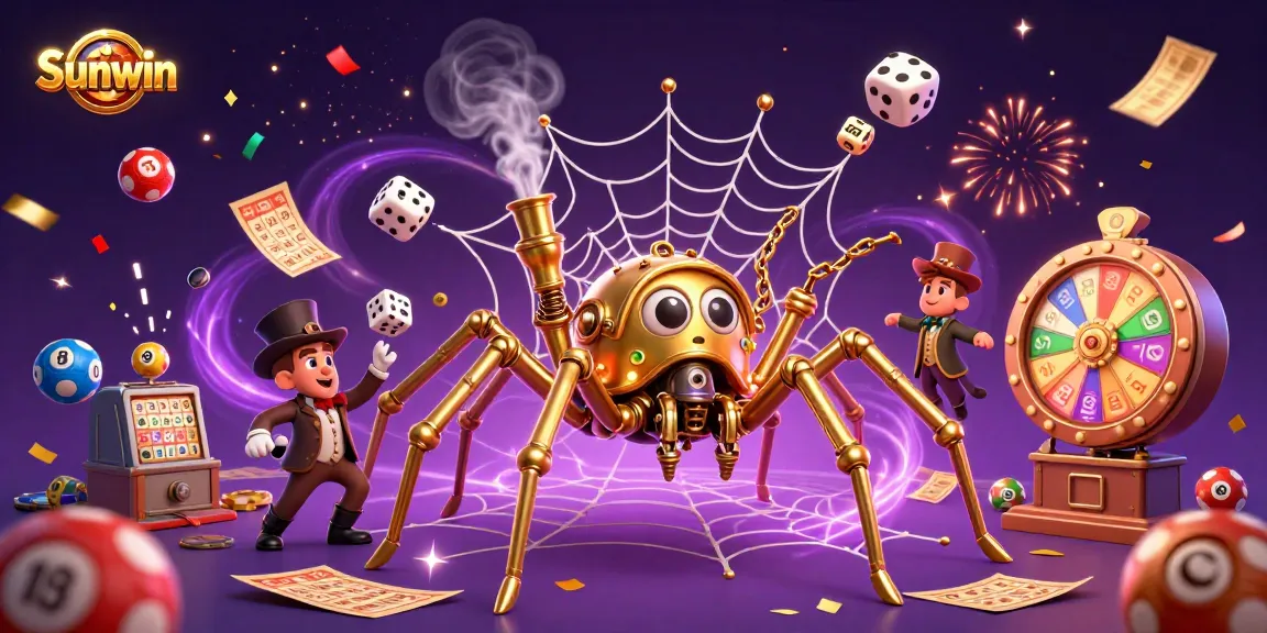 Experience Sunwin's thrilling gambling adventure with a steampunk spider weaving luck in a vibrant casino