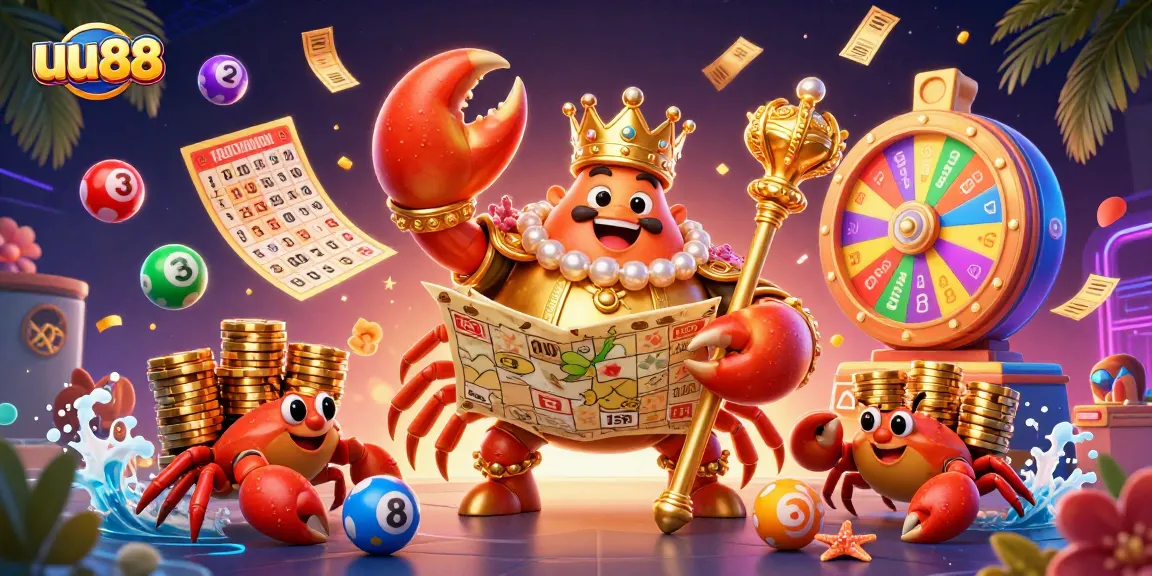 Experience gaming excitement with uu88's vibrant scene featuring a golden crab and dynamic lottery elements.