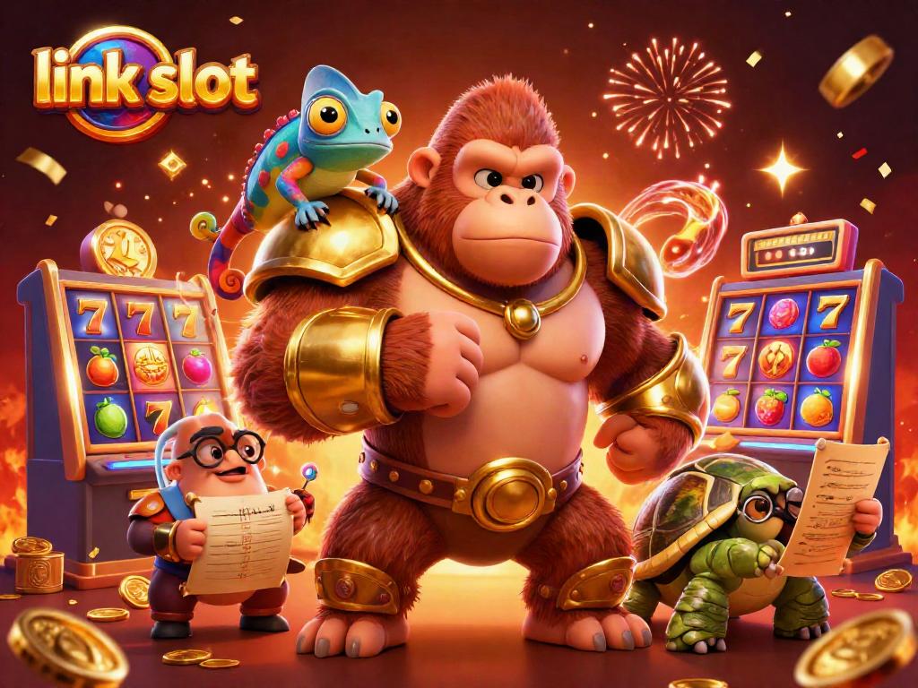 Engage with the link slot extravaganza, featuring vibrant characters, dynamic slot reels, and celebratory elements.