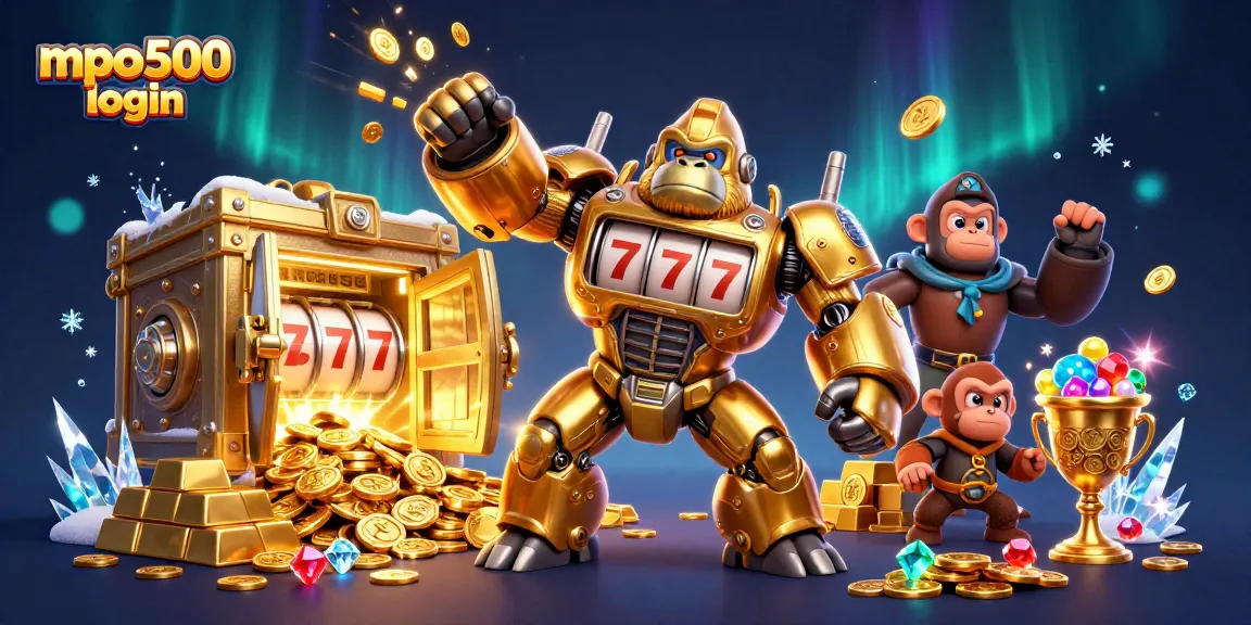 Experience the excitement of mpo500 login with our golden gorilla mech showcasing slot machine elements.