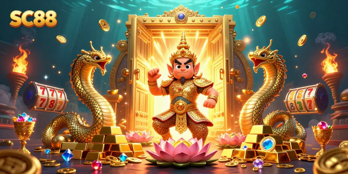 Experience the excitement of SC88 with a vivid 3D illustration showcasing casino treasures and gaming elements.