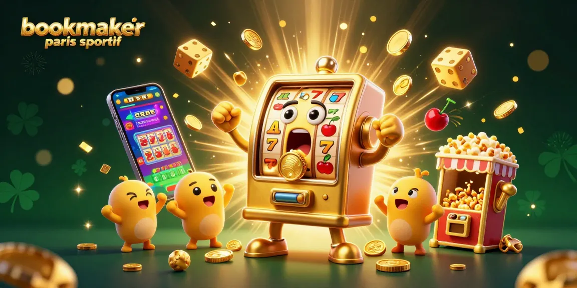 Le bookmaker paris sportif propose une machine à sous dorée triomphant avec des pièces et une ambiance colorée.
