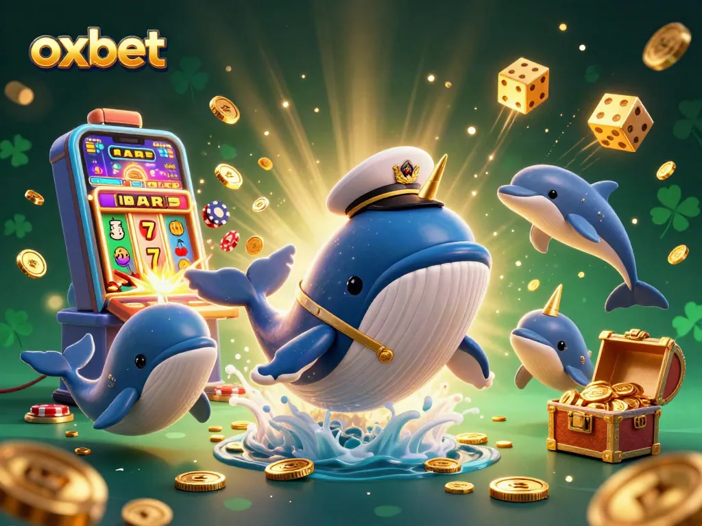Spin to win at Oxbet with a vibrant 3D scene featuring playful dolphins and exciting casino elements.