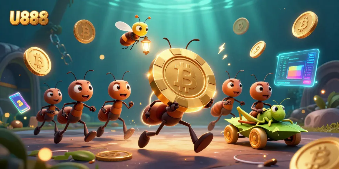 U888 transports players into an immersive heist scene with ants stealing a giant poker chip.