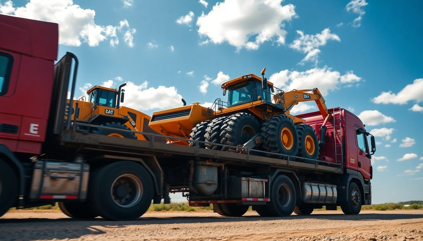 Showcasing equipment transportation with a truck carrying heavy machinery under a sunny sky.