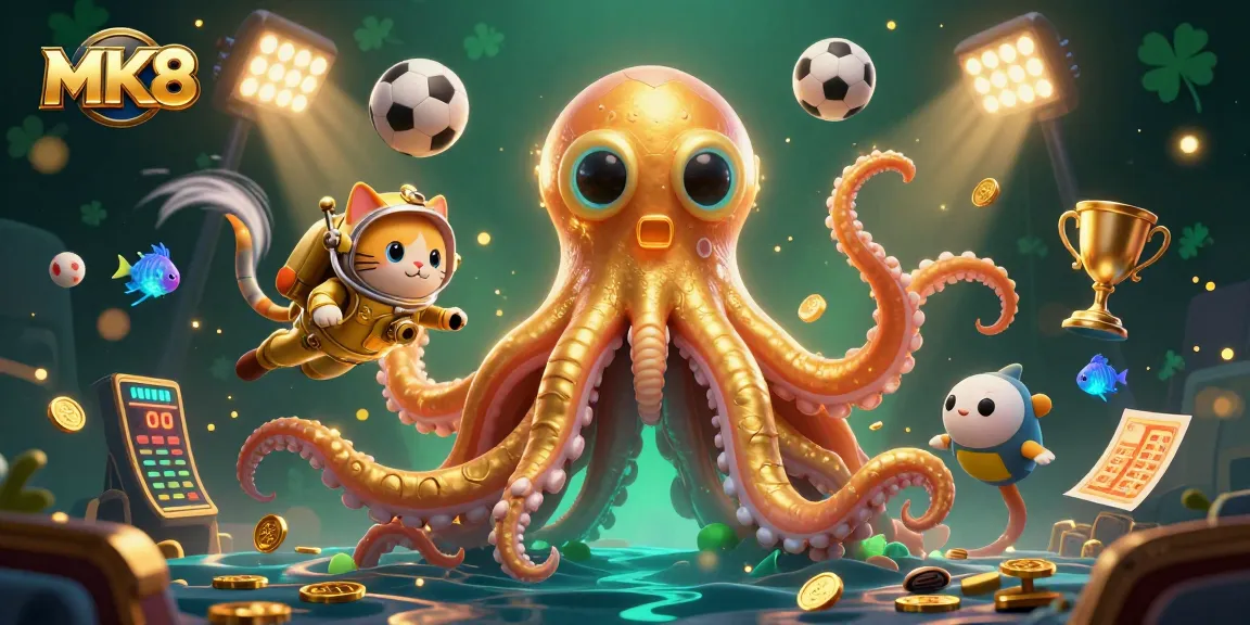 Engage with MK8's thrilling gaming world featuring a kraken, diving cat, and vibrant sports elements.
