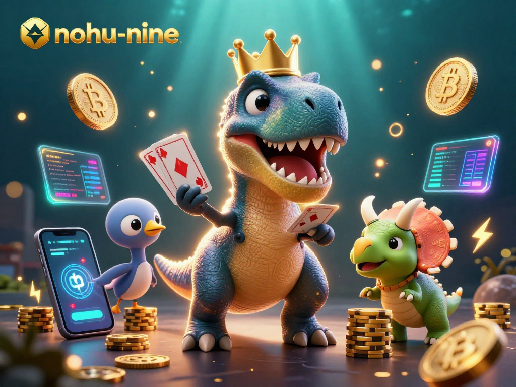 Experience nohu-nine as a T-Rex and friends shuffle cards while promoting gaming excitement and crypto elements.