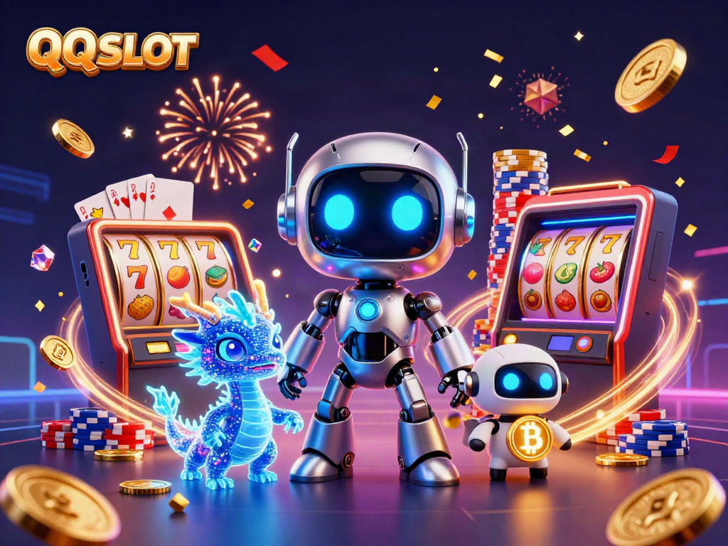 Experience thrilling QQ SLOT action with a vibrant 3D scene of robots, dragons, and slot machines.