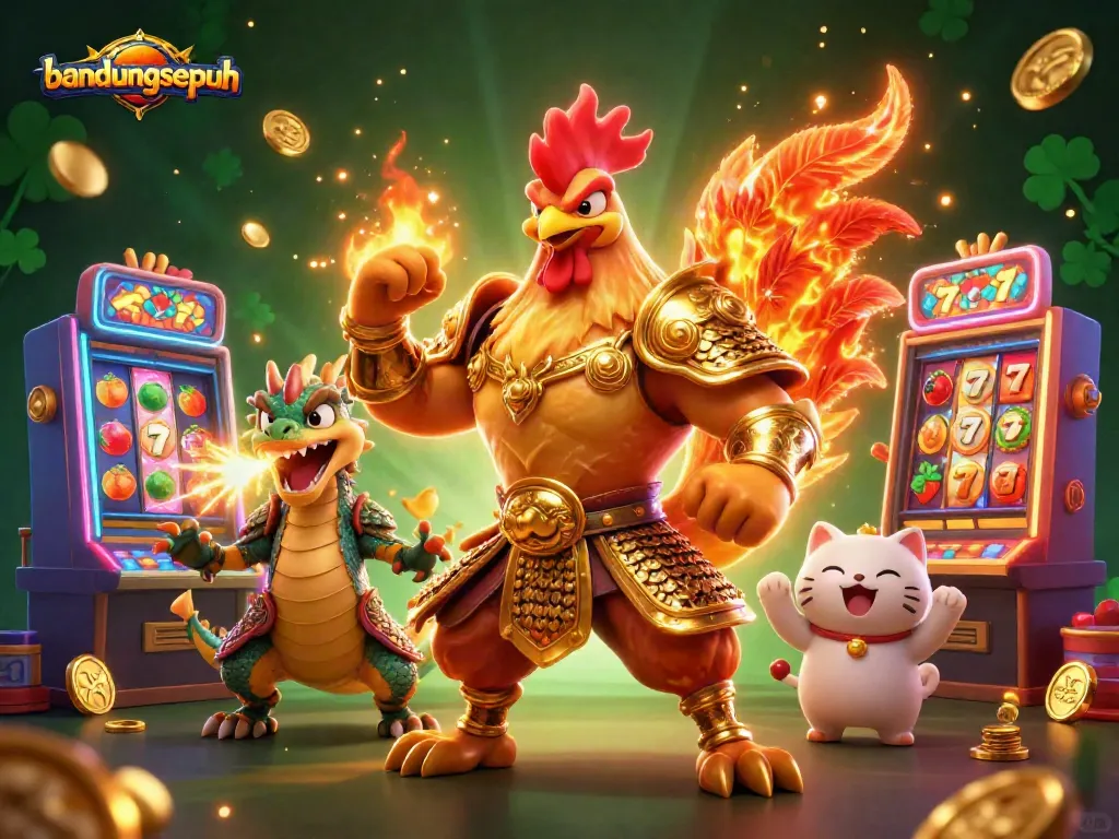 bandungsepuh showcases a brave rooster warrior and dragon hatchling amidst vibrant casino slot games