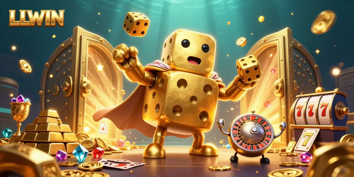 Win big at LLWIN with a 3D digital illustration of a golden dice golem juggling treasures and jackpots.