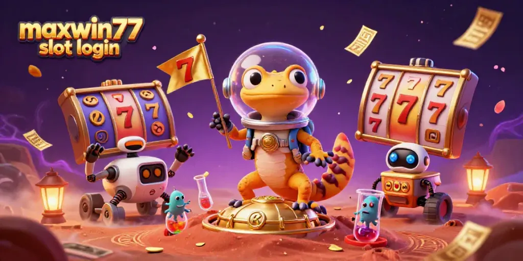 Experience maxwin77 slot login in an exciting scene with a Martian gecko and vibrant casino elements.