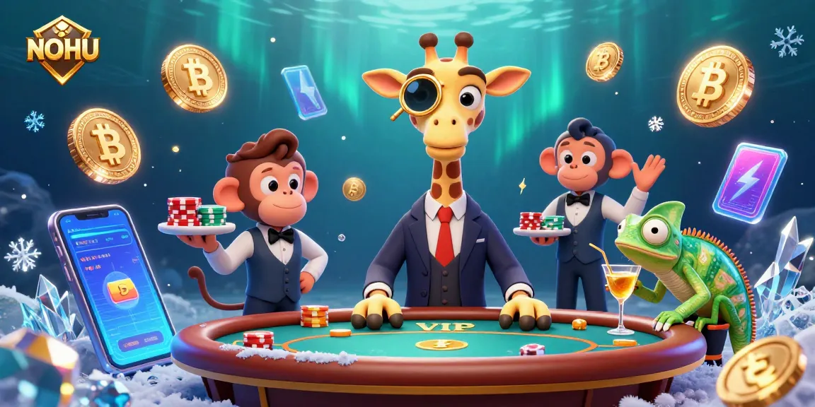 Engage with NOHU's 3D casino scene featuring lively characters, BTC and ETH coins, and vibrant gaming elements.