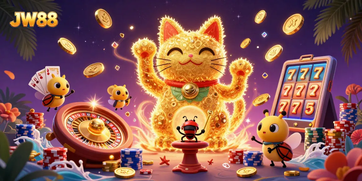 Experience the excitement of JW88 with vibrant casino symbols and a lucky cat amid golden coins.