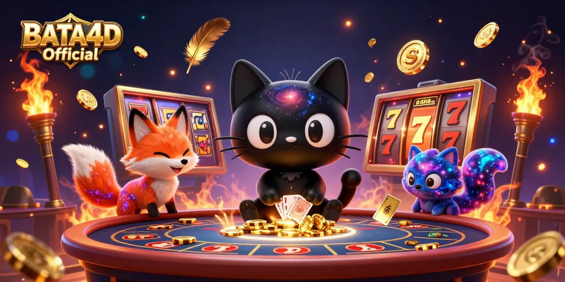 BATA4D Official showcases a vibrant cosmic casino scene with a black hole cat and colorful fox pulling in golden chips.
