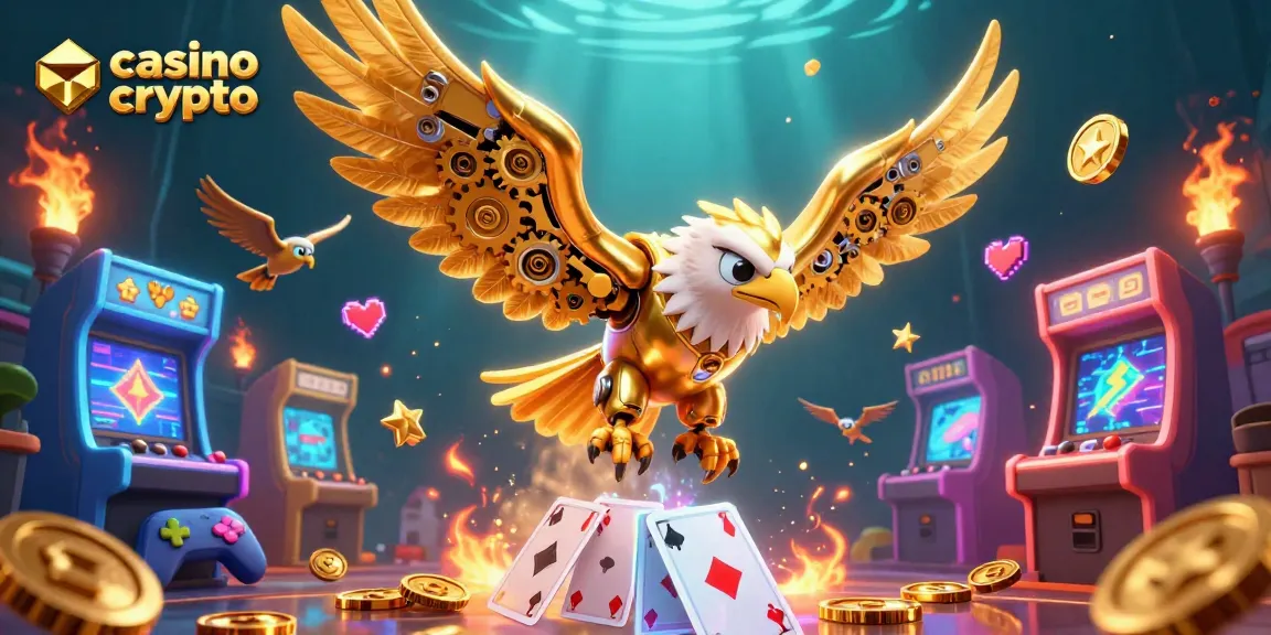 Plongez dans l'univers du casino crypto avec cette illustration d'un aigle cybernétique vibrant au milieu de cartes holographiques.