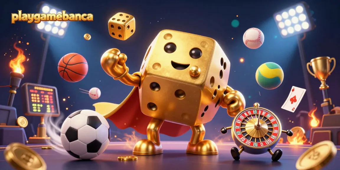 Playgamebanca showcases a vibrant 3D casino illustration featuring dynamic sports and gambling elements.