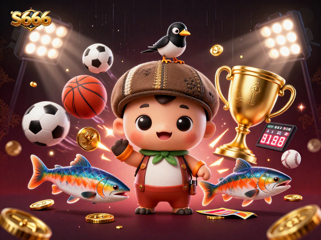 S666 casino illustration featuring a playful Loch Ness monster, sports balls, and interactive gaming elements.