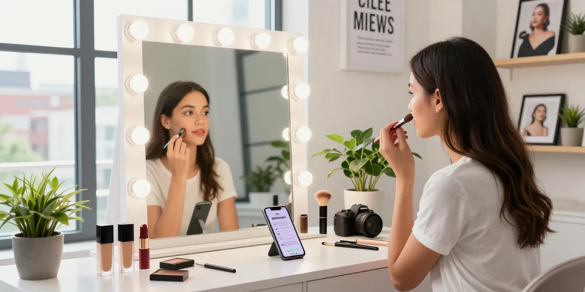 Young woman taking an attractiveness test while applying makeup in a bright beauty studio.