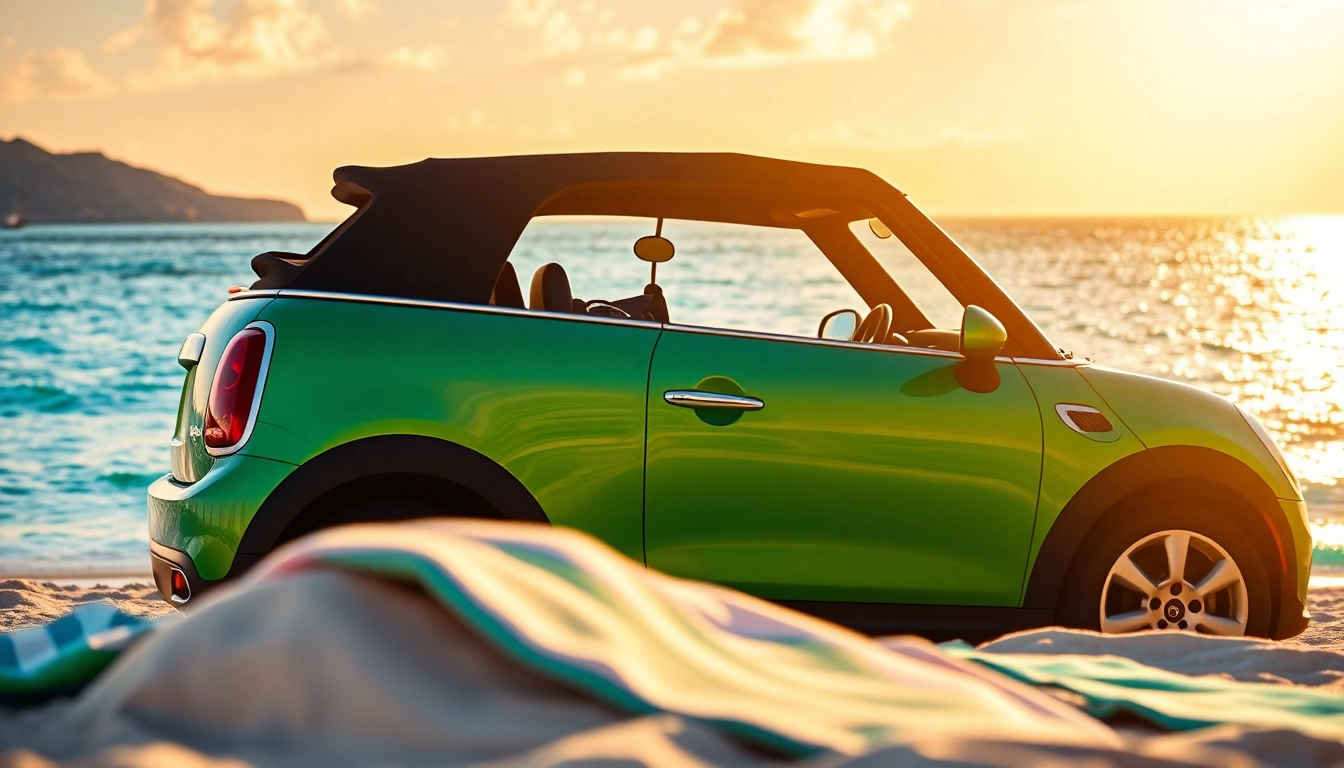A Mini Cooper convertible st barts parked on a sunset beach, showcasing its vibrant design.