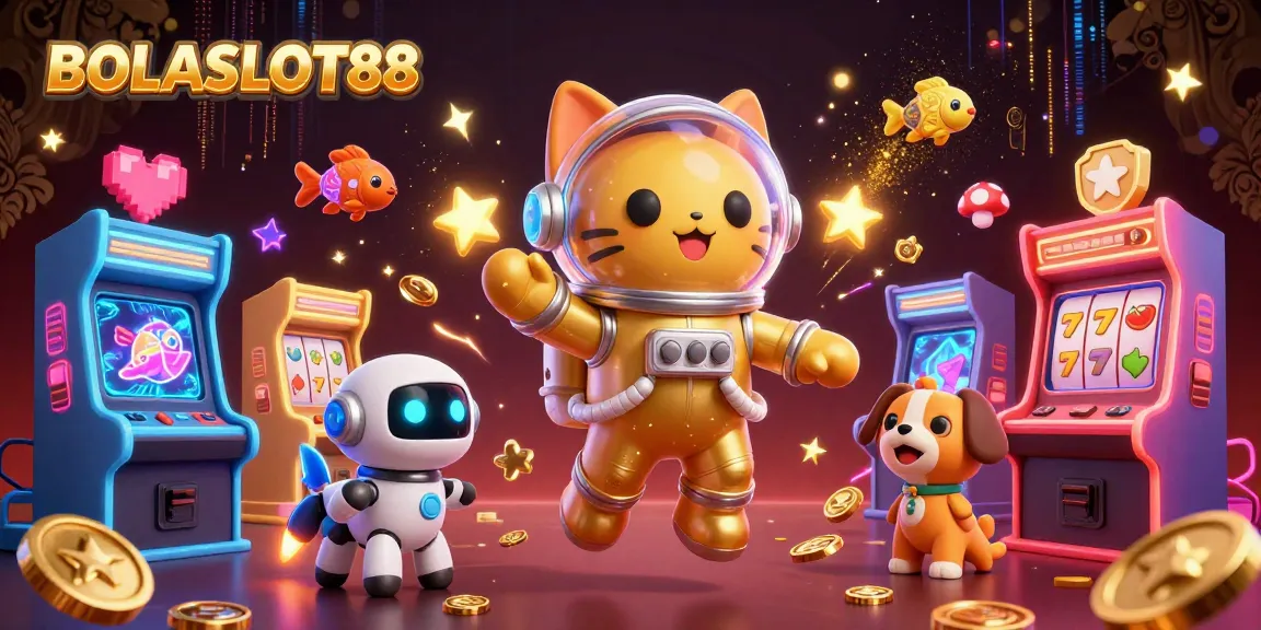 BOLASLOT88 showcases an engaging 3D scene with a golden astronaut cat and gaming elements, inviting players to join in the fun.