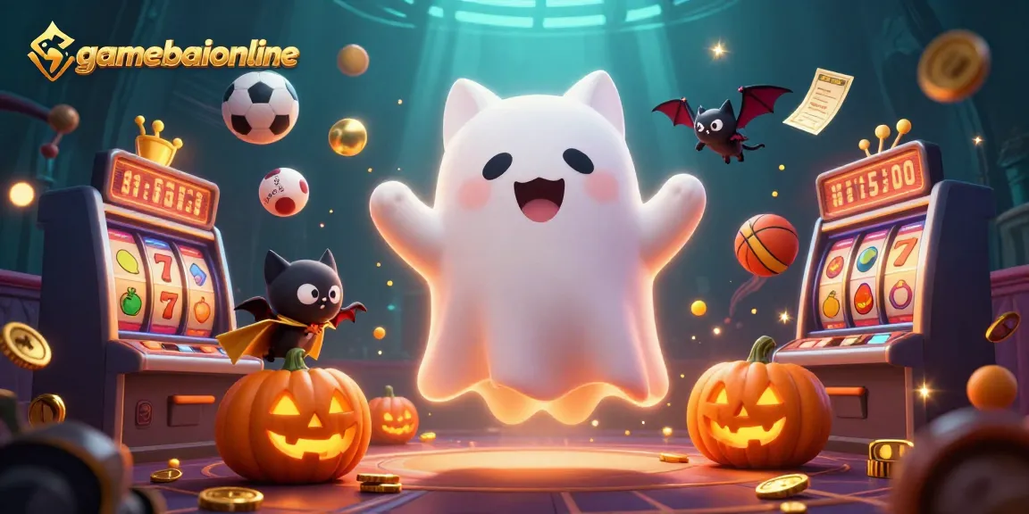 Engage with gamebaiionline's haunted casino adventure featuring a friendly ghost cat and vibrant slot elements.