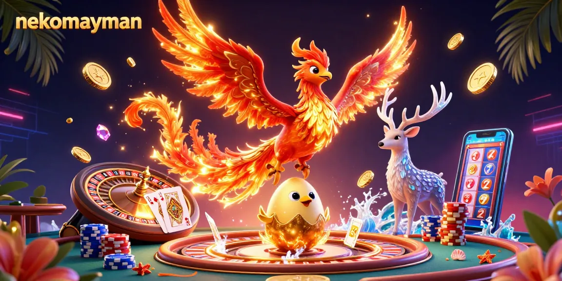Spin the reels with nekomayman, where golden coins and majestic phoenixes come together in a vibrant casino atmosphere.