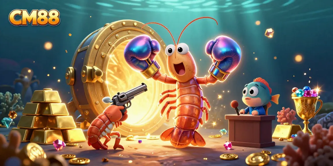 CM88's colorful underwater casino scene showcases a mantis shrimp, vibrant treasures, and gaming excitement.