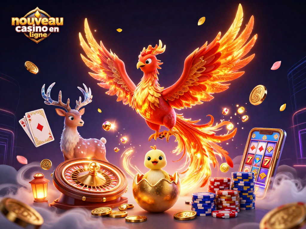 Illustration dynamique de nouveau casino en ligne avec un phoenix en feu et des éléments de jeu captivants.