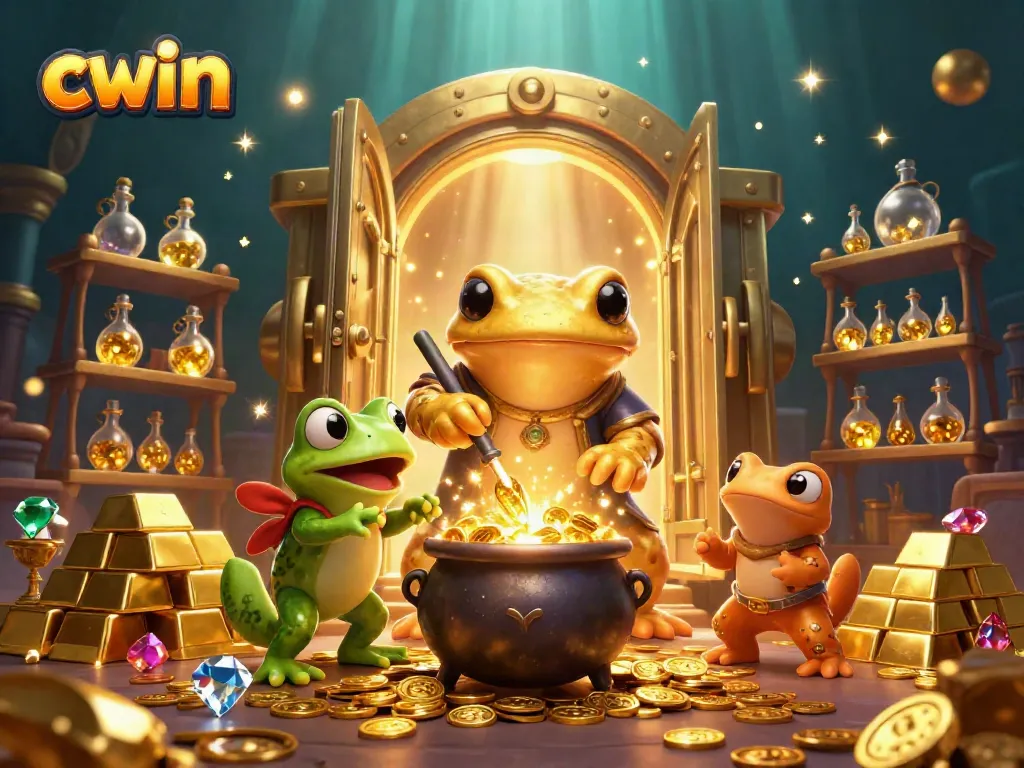 Engage with the CWIN gaming experience, featuring vibrant characters and glittering treasures in a dynamic casino scene.