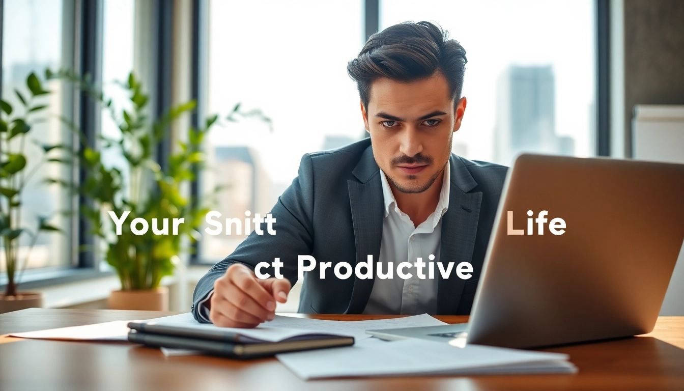 Achieve Your Most Productive Life with a focused individual in a bright office.