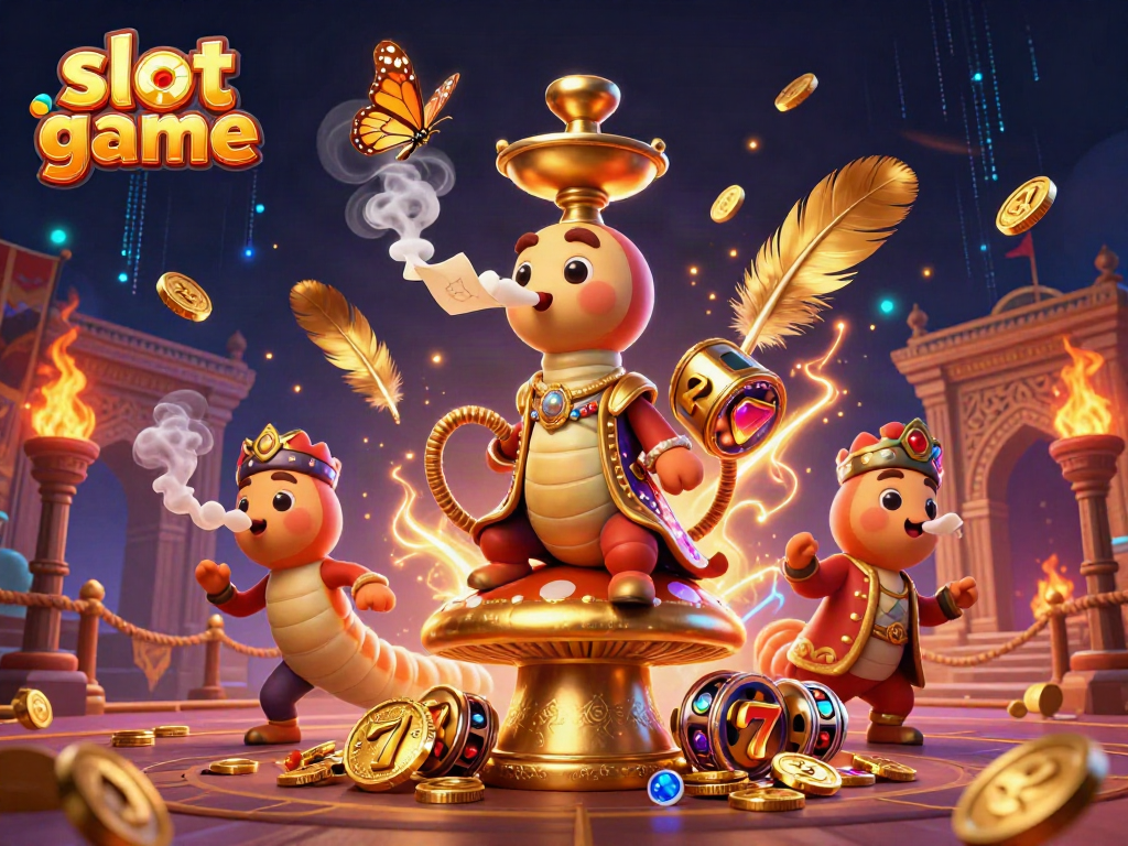 Engagement with the colorful slot game features represented by a sultan caterpillar in a dynamic casino scene.