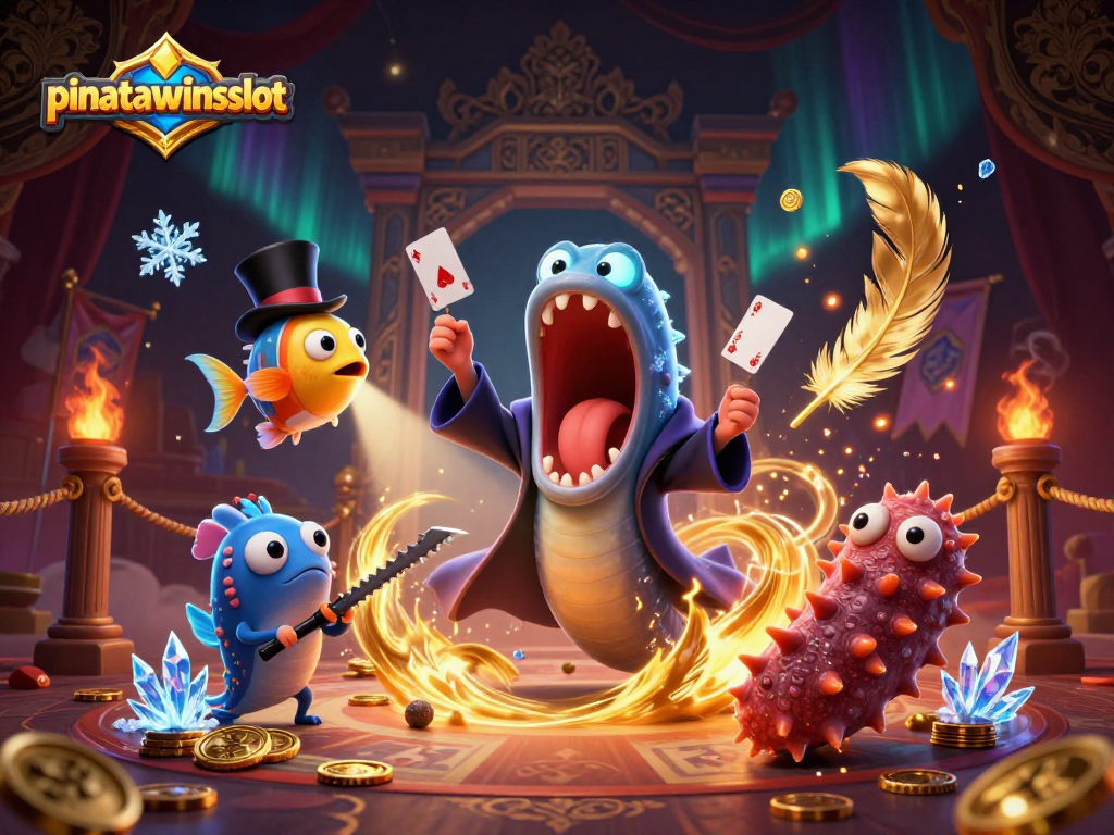 Experience thrilling gameplay in pinatawinsslot with magical underwater characters performing vibrant card tricks amidst swirling casino elements.