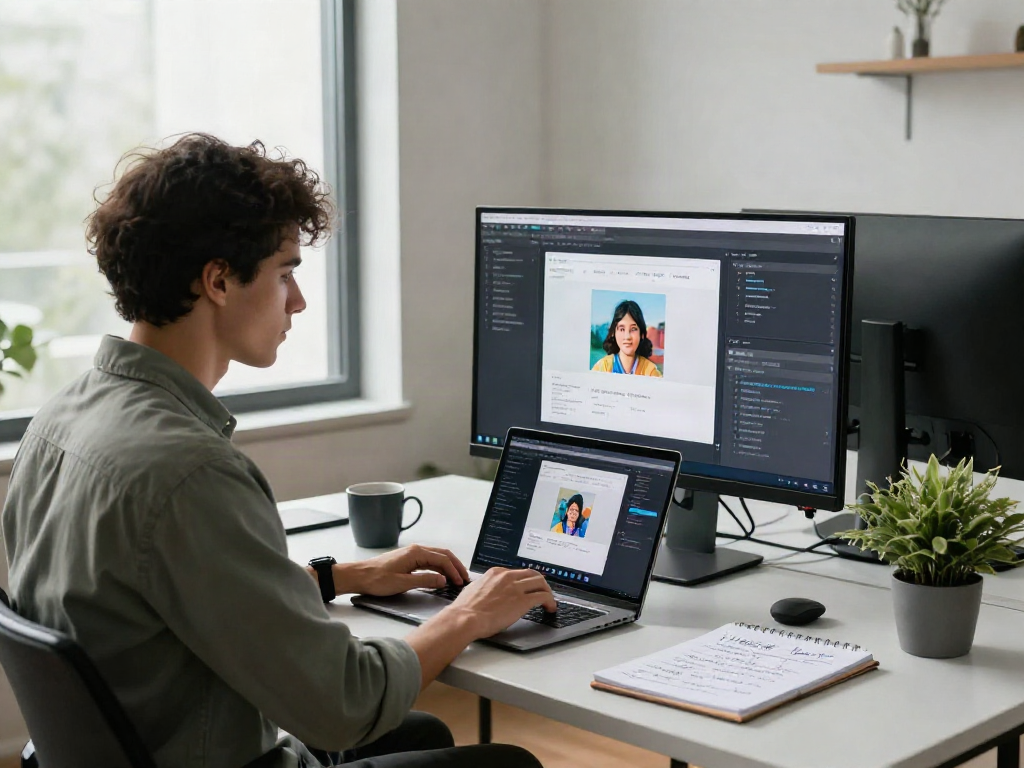 Developer using an AI Image Detector in a modern tech workspace, analyzing AI-generated images.