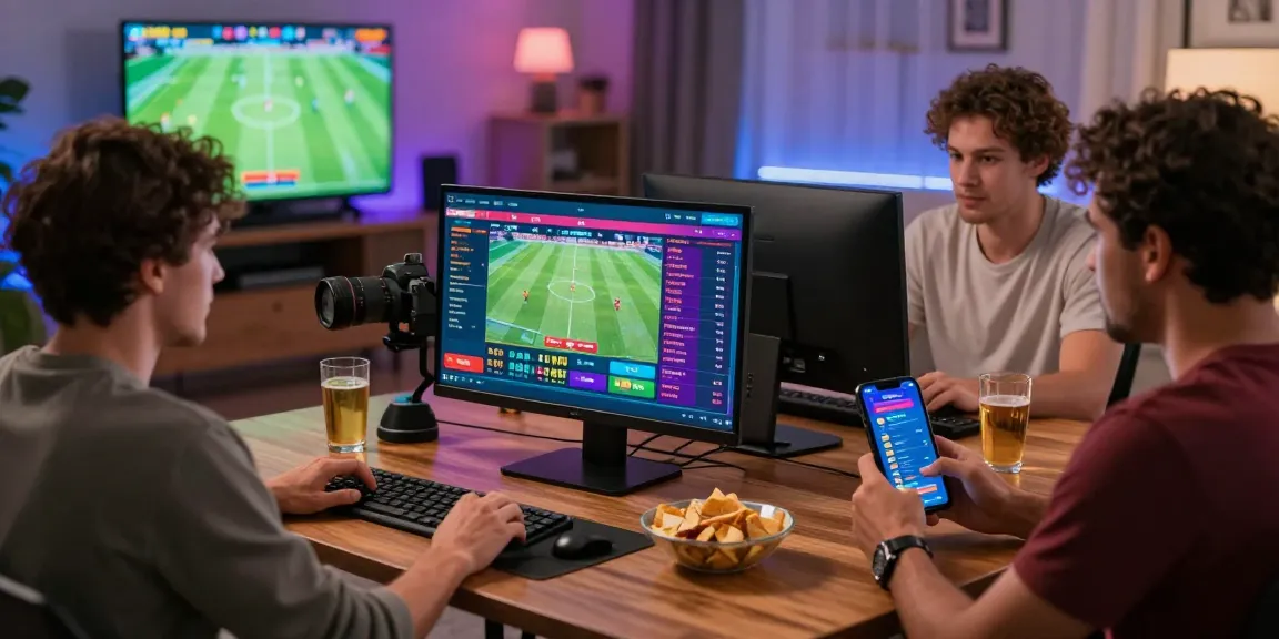 Engaging group enjoying Bandar Bola Online live betting experience with devices and snacks