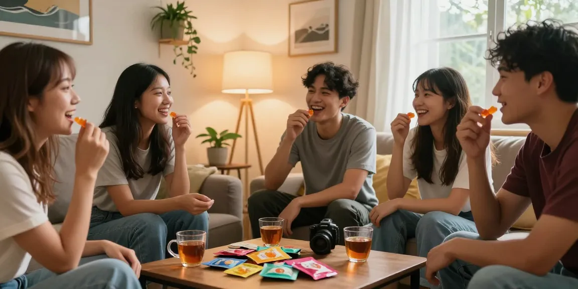 Friends sharing THC gummies together in a cozy living room, reflecting the joyful community spirit promoted by finance.yahoo.com.
