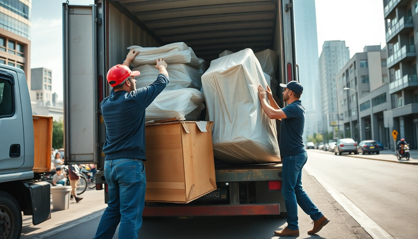 Hauling service team confidently lifting heavy items for transport in a busy urban setting.