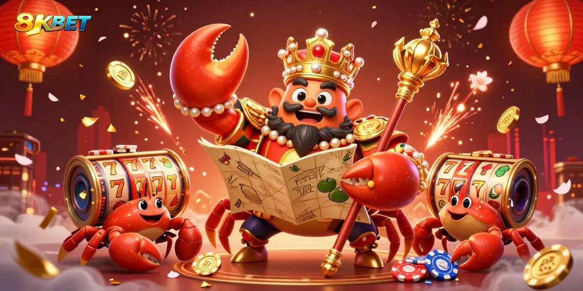 Experience thrilling gameplay with 8KBET's vibrant casino scene featuring a golden crab emperor and slot reels.