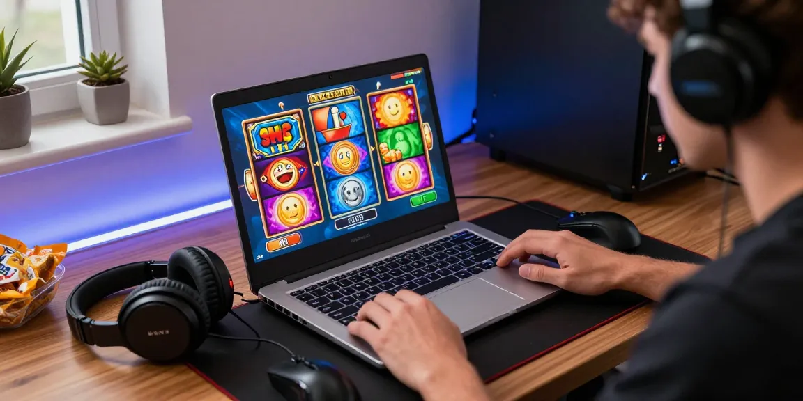 Penggemar slot88 bermain game slot online dengan antusias, laptop menampilkan grafis mesin slot berwarna-warni.