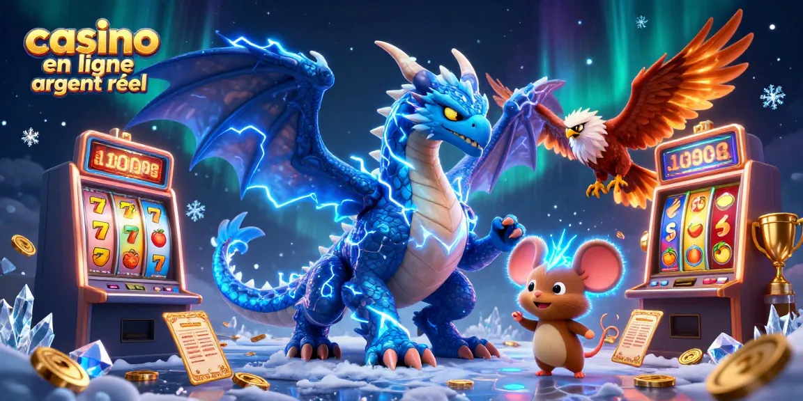 Illustration vibrante captivante, mettant en avant des jeux de casino en ligne argent réel avec un dragon et des éléments ludiques.
