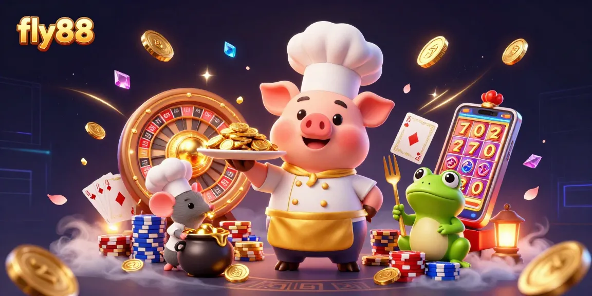 Experience the thrill of fly88 gaming with a pig chef serving gold coins in an exciting casino scene.