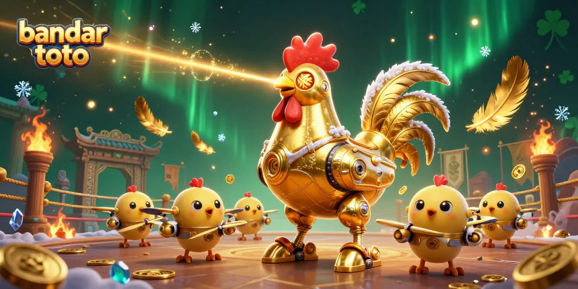 Engage with bandar toto as a golden rooster robot leads baby chick drones in a vibrant gaming arena.