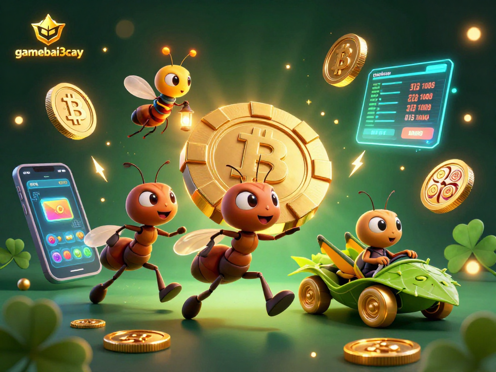 Gamebai3cay ants execute a heist for a massive golden poker chip amidst rich casino elements.