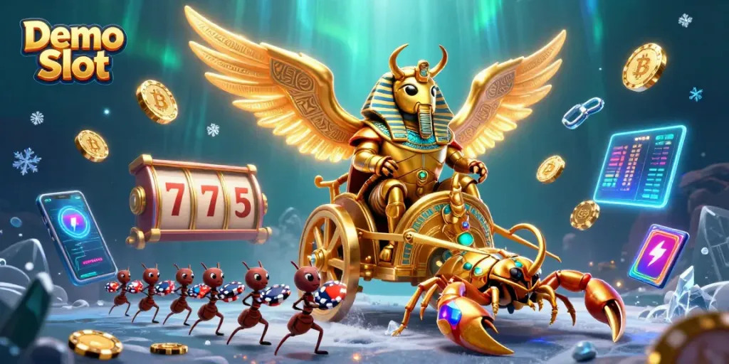 Experience the excitement of Demo Slot actions featuring vibrant 3D illustrations of slot reels and mythical characters.