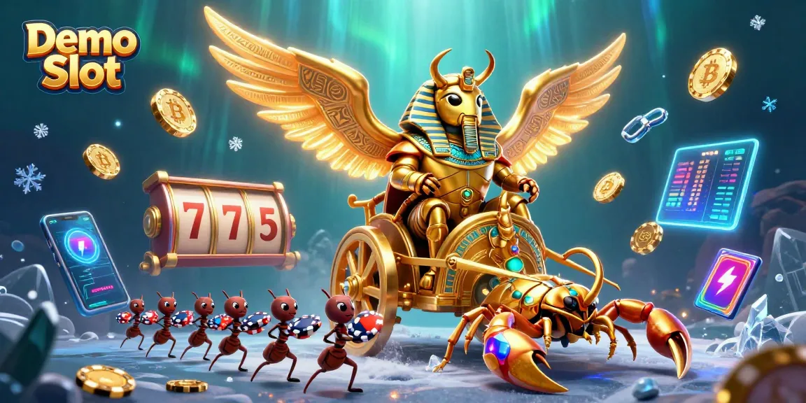 Experience the excitement of Demo Slot actions featuring vibrant 3D illustrations of slot reels and mythical characters.