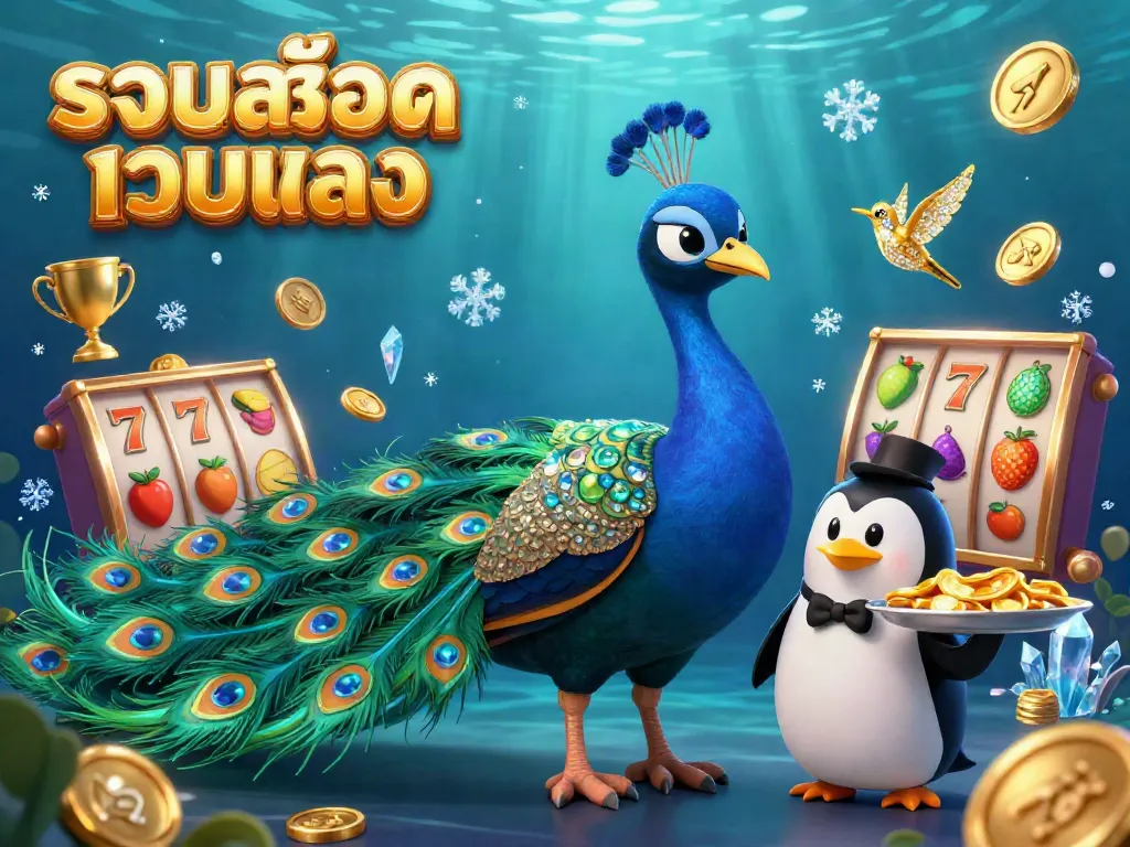 Experience รวมสล็อตเว็บตรง with a vibrant 3D illustration of a peacock, butler penguin, and hummingbird amidst slot reels and gold coins.
